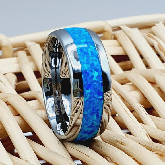 " Silver Tungsten Wedding Ring With Blue Opal Inlay, GALTUN598 - Picture 1 of 6